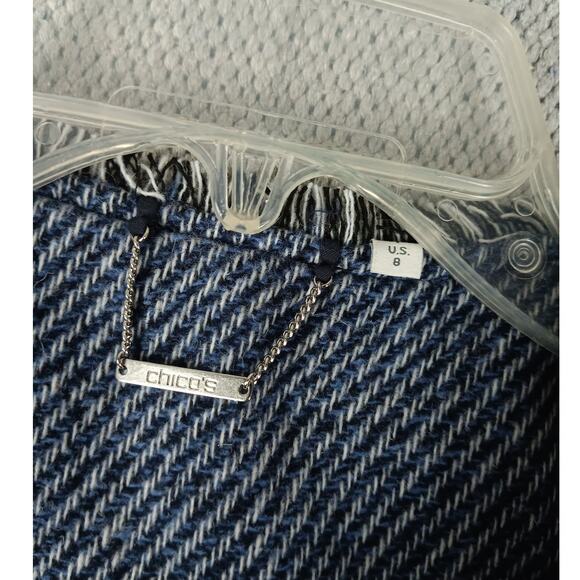 Chicos Open Front Jacket Womens Size 8 Blue Tweed Fringe Military Evening Casual - Picture 6 of 15